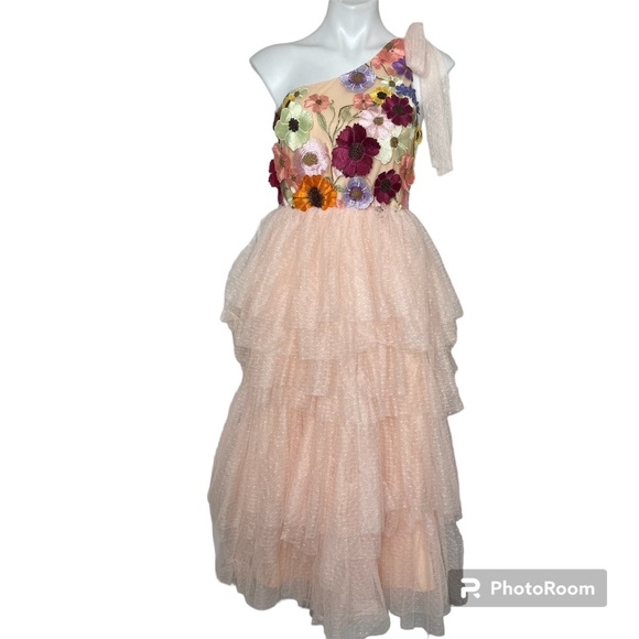 Just Me Floral Appliqué Tiered Dress One Shoulder Peach Pink M Tee Length Prom - Picture 2 of 12